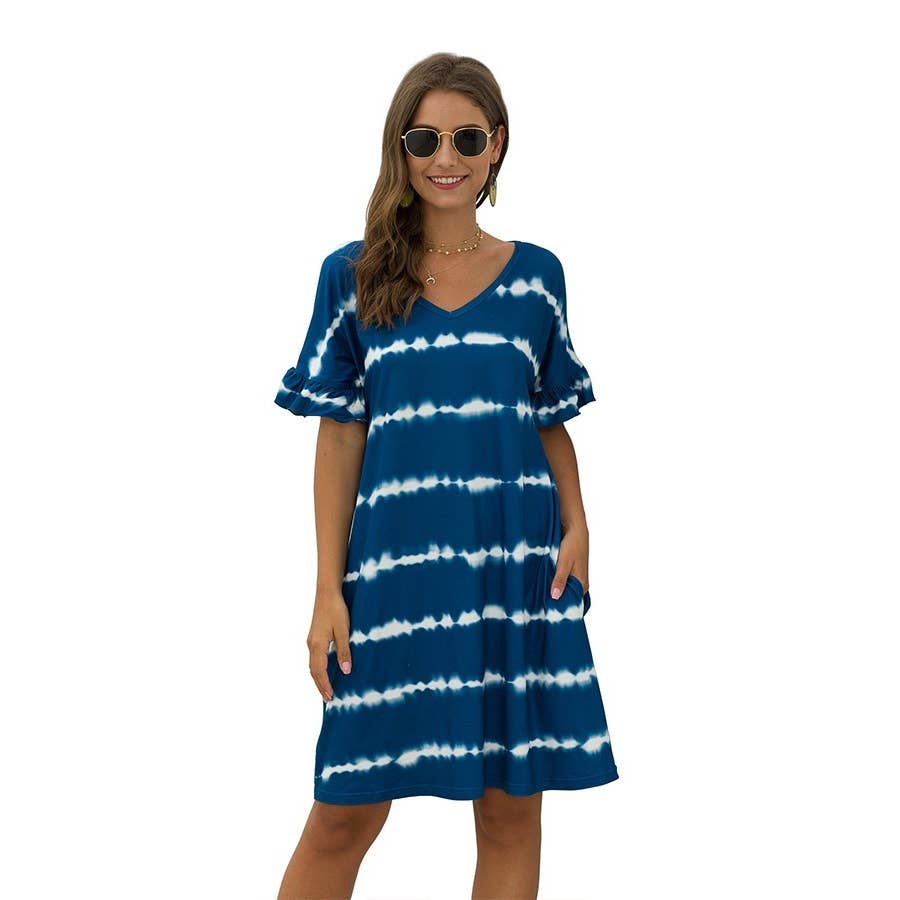 V Neck Striped Short Sleeve Dresses