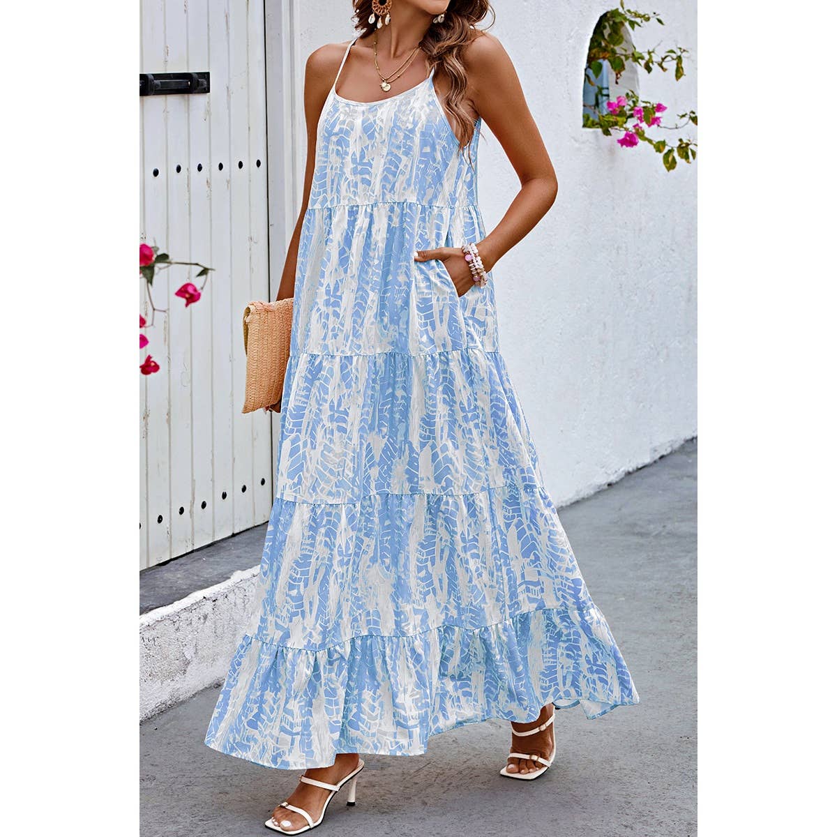 Allover Print Sleeveless Pockets Color Block Dress