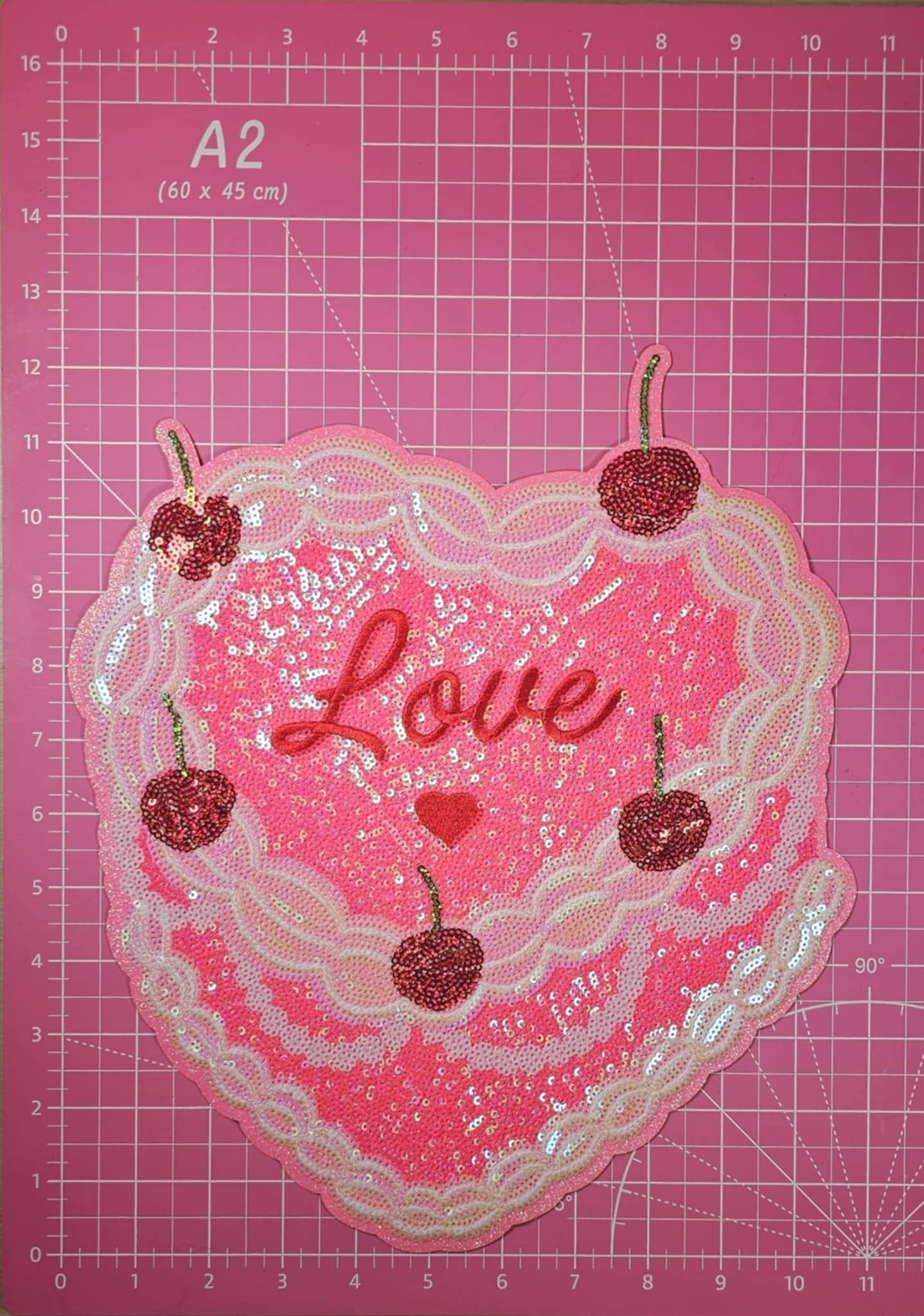 Love Cake Sequin Cherry Pink Glitter Large Iron On Patch