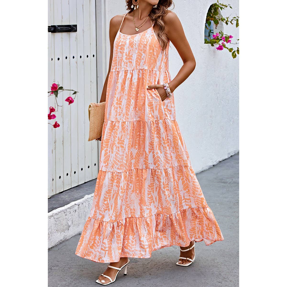 Allover Print Sleeveless Pockets Color Block Dress