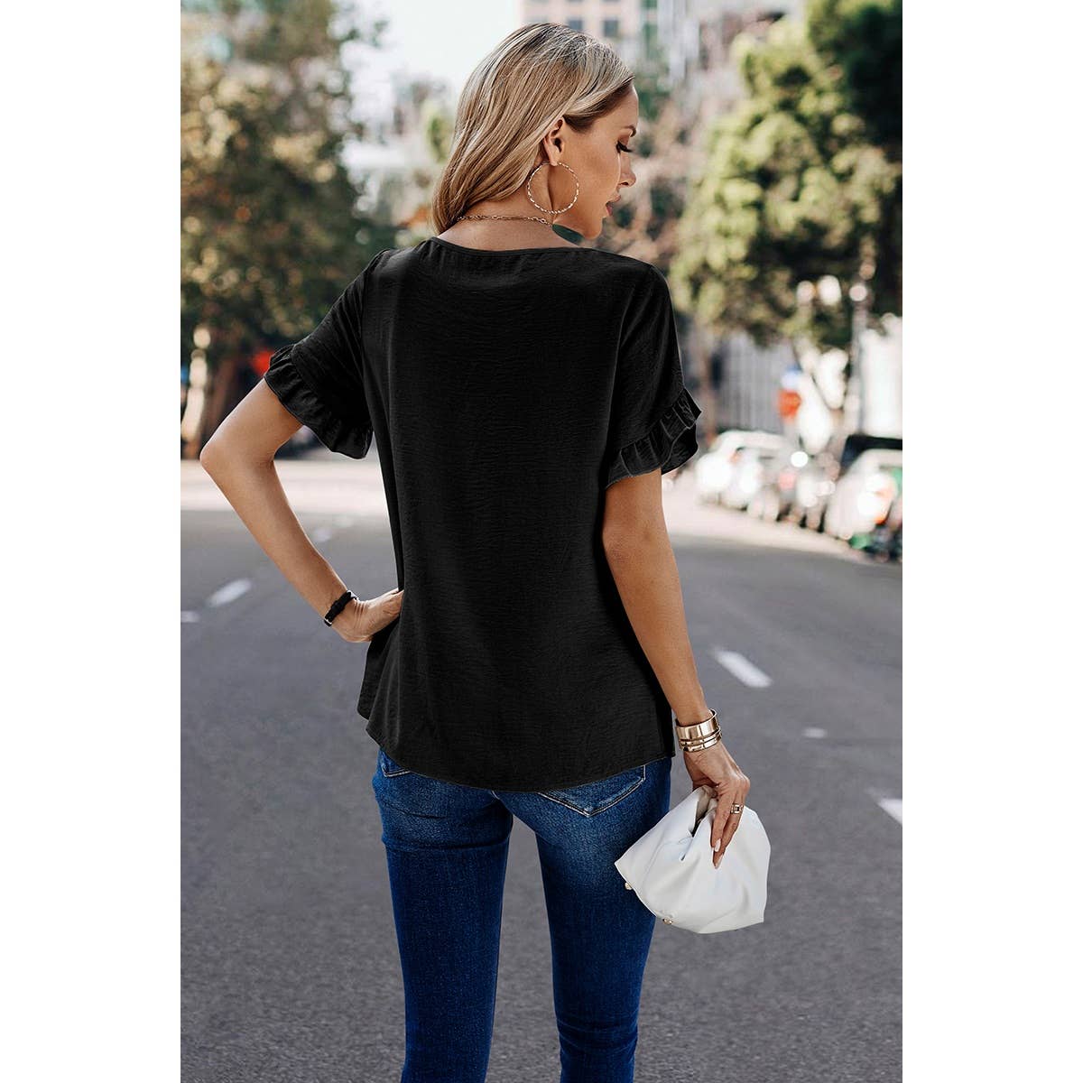 Solid Round Neck Ruffle Sleeve Loose Fit Blouse