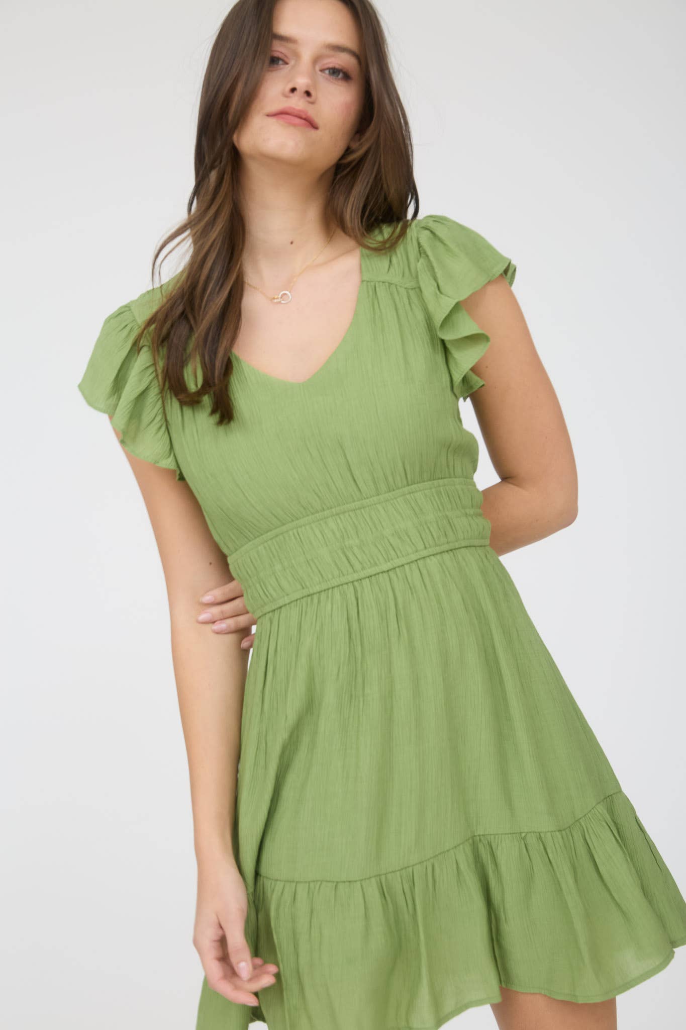 V Neck Short Sleeve Ruffle Mini Dress