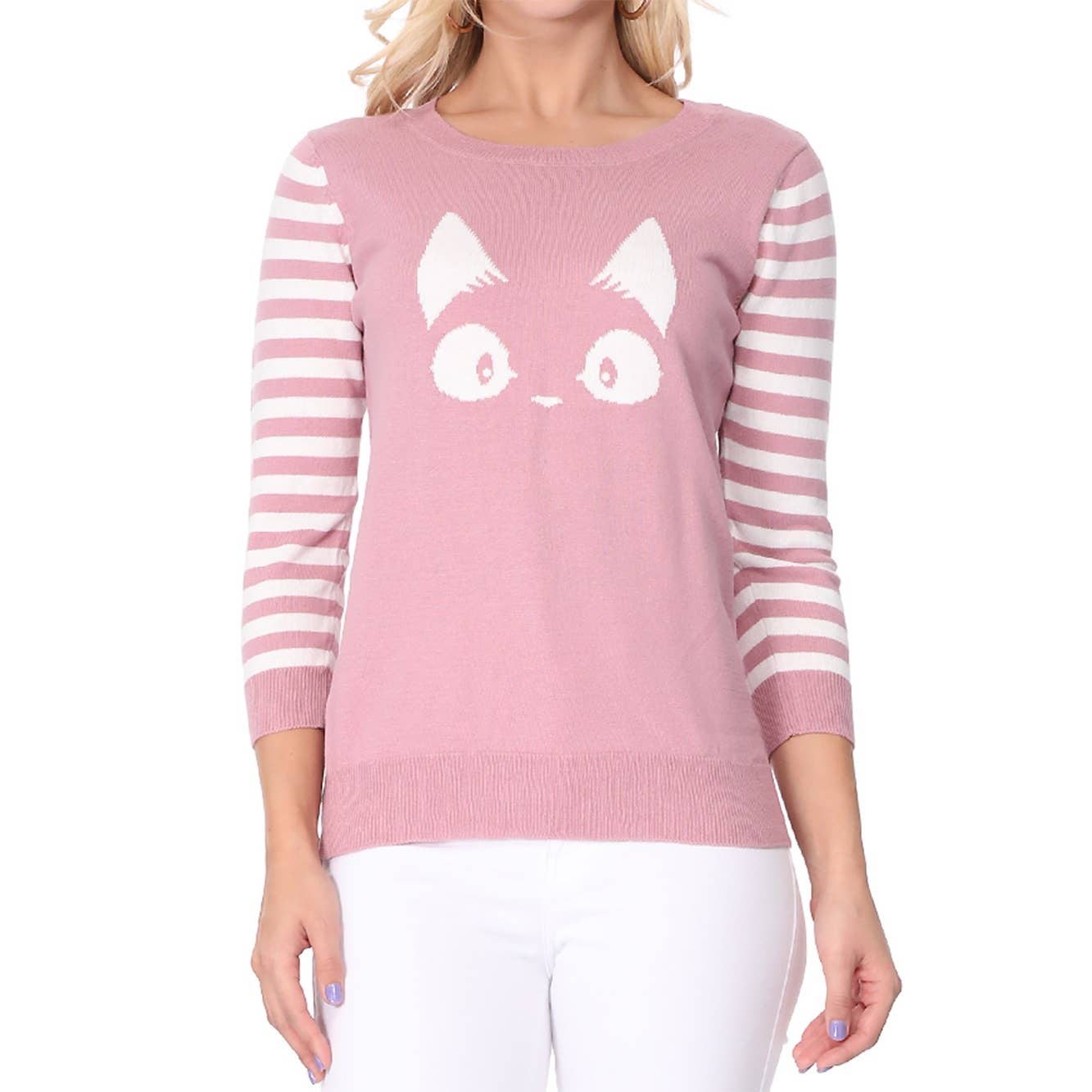 3/4 Sleeve Cat Crewneck Pullover Sweater
