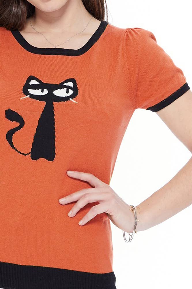 Short Sleeve Crewneck Cat Print Sweater