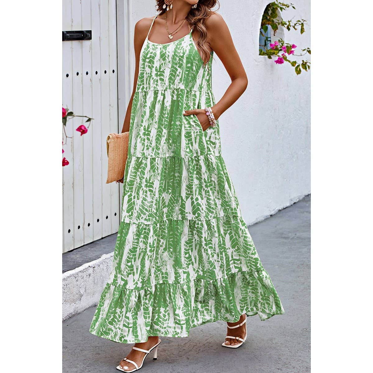 Allover Print Sleeveless Pockets Color Block Dress