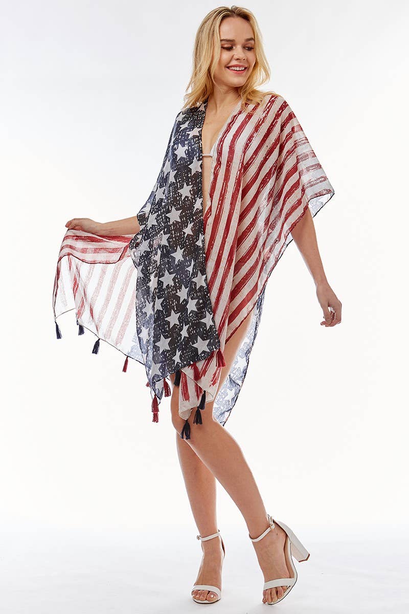 American USA Flag Beach Cover up Poncho w Fringes