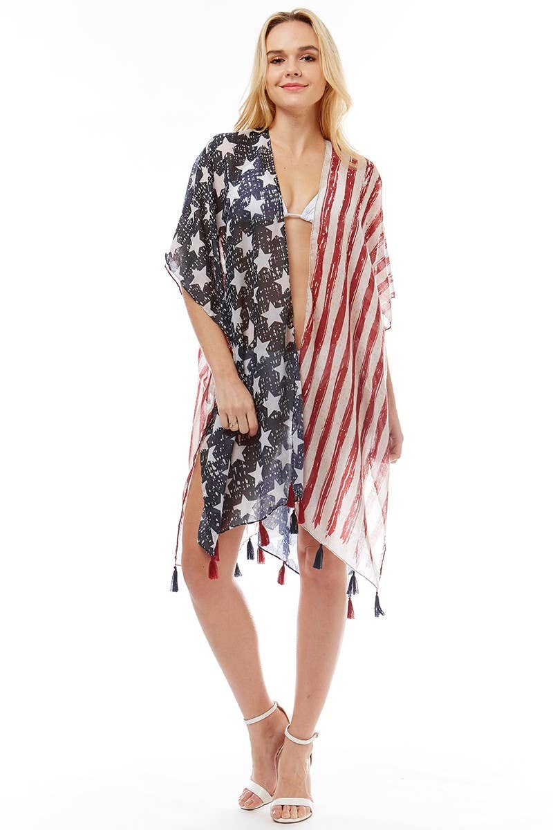 American USA Flag Beach Cover up Poncho w Fringes