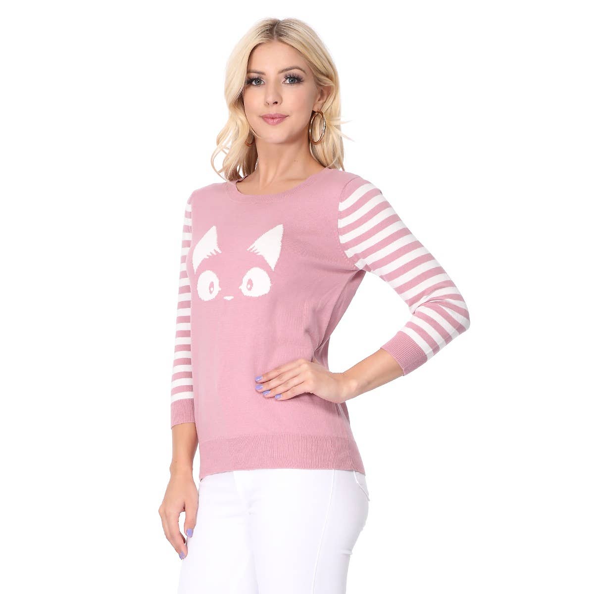 3/4 Sleeve Cat Crewneck Pullover Sweater