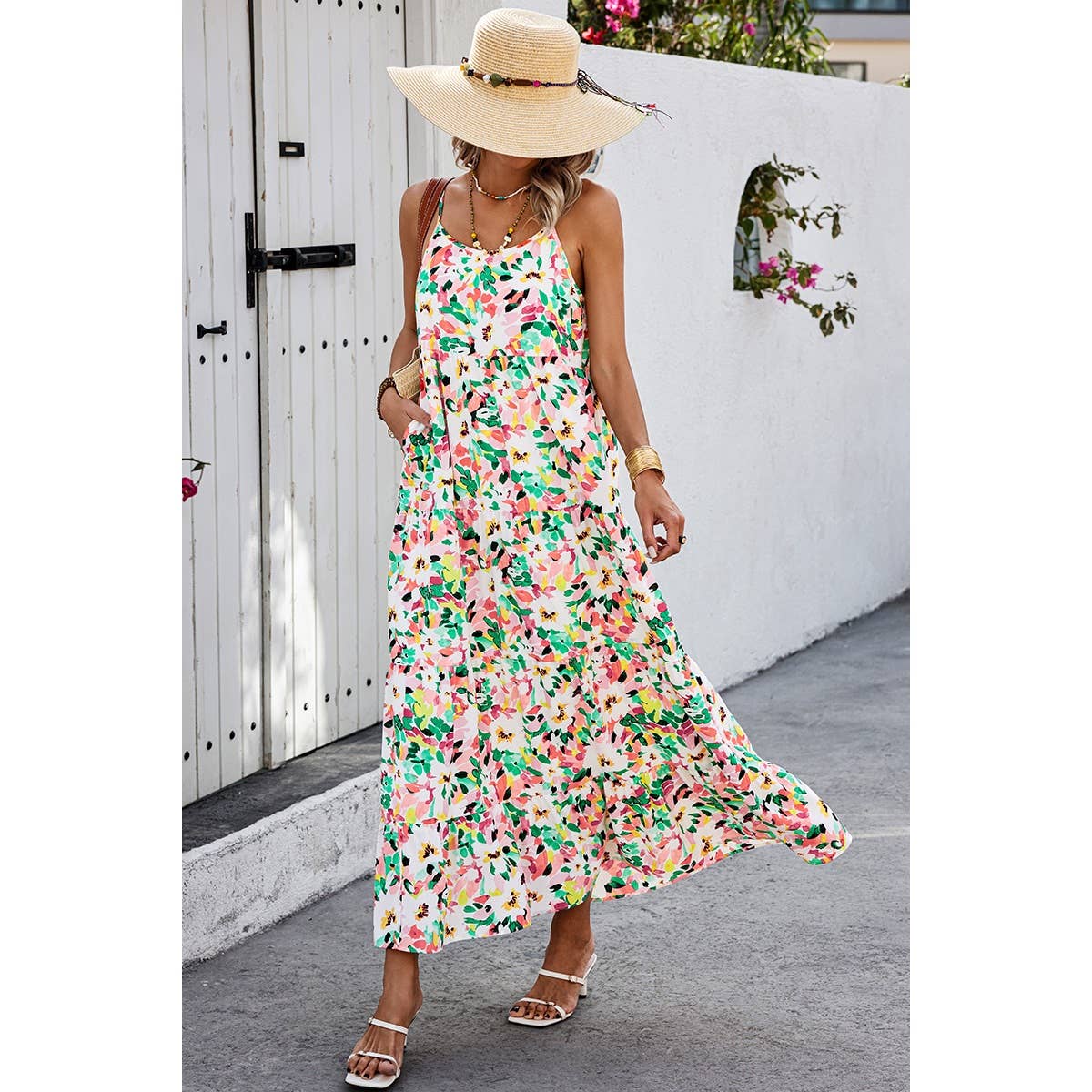 Allover Print Sleeveless Pockets Color Block Dress