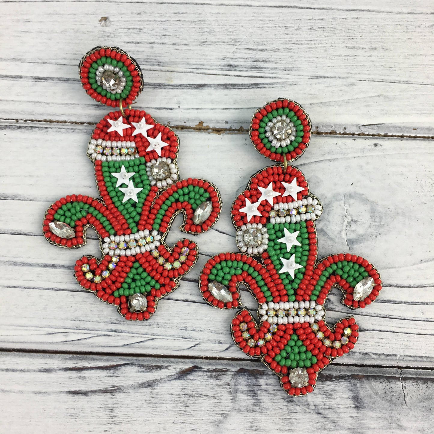 Beaded Christmas Fleur de Lis Earrings