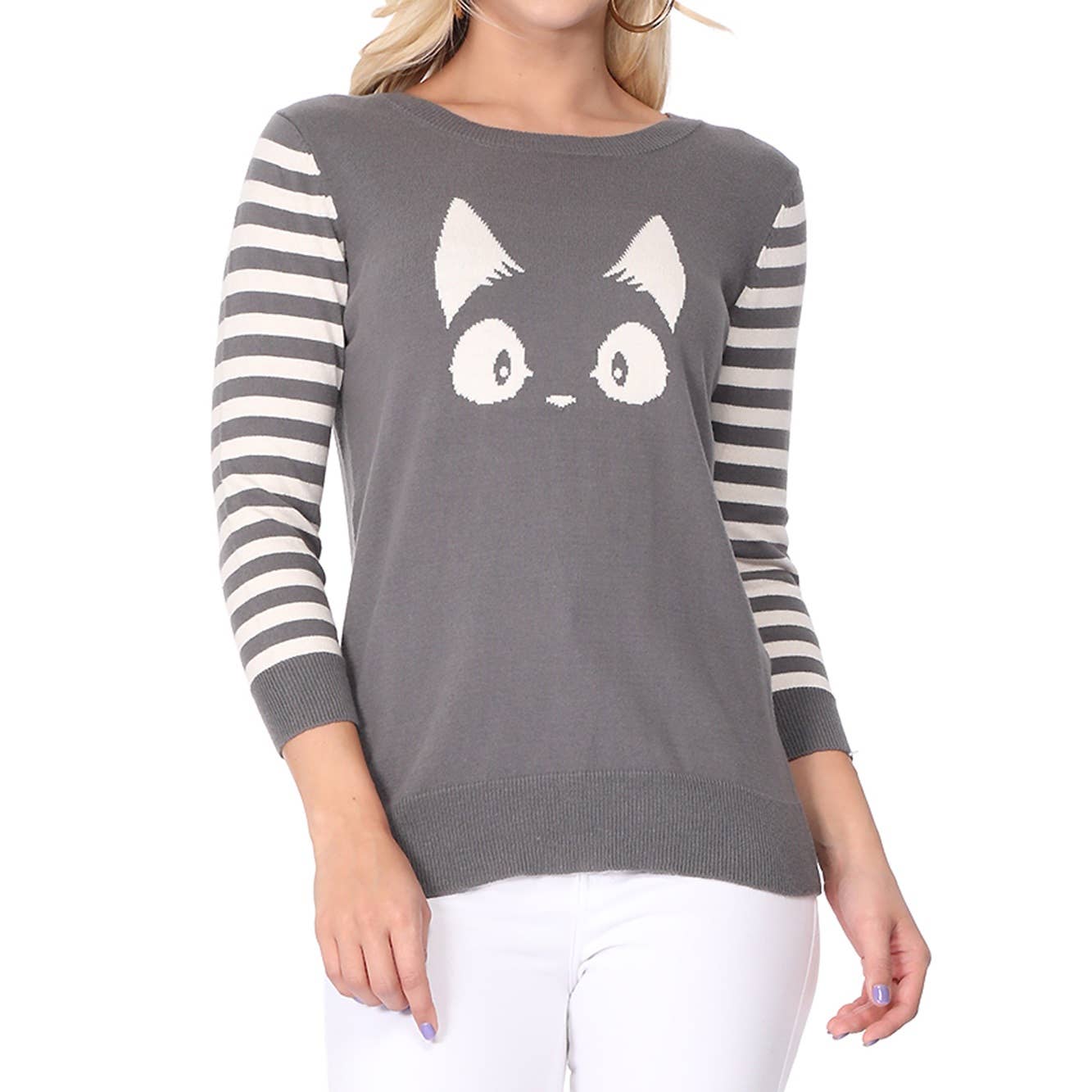 3/4 Sleeve Cat Crewneck Pullover Sweater