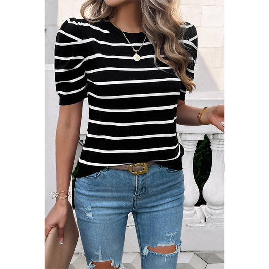 Strip Round Neck Knit Puff Sleeve Fit Top
