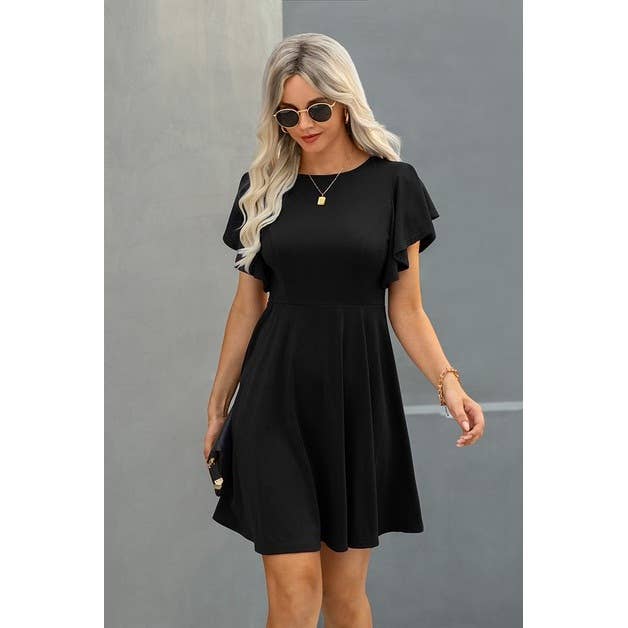 Elegant Solid Crew Neck Butterfly Sleeve A Line Slim Dress
