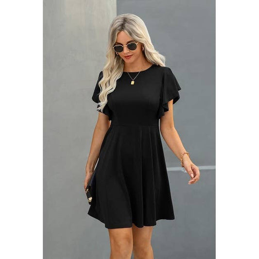 Elegant Solid Crew Neck Butterfly Sleeve A Line Slim Dress