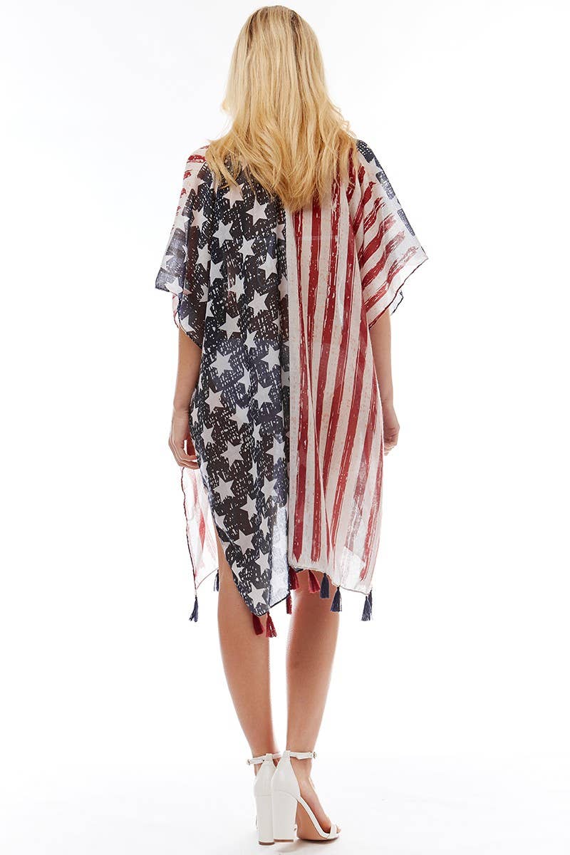 American USA Flag Beach Cover up Poncho w Fringes