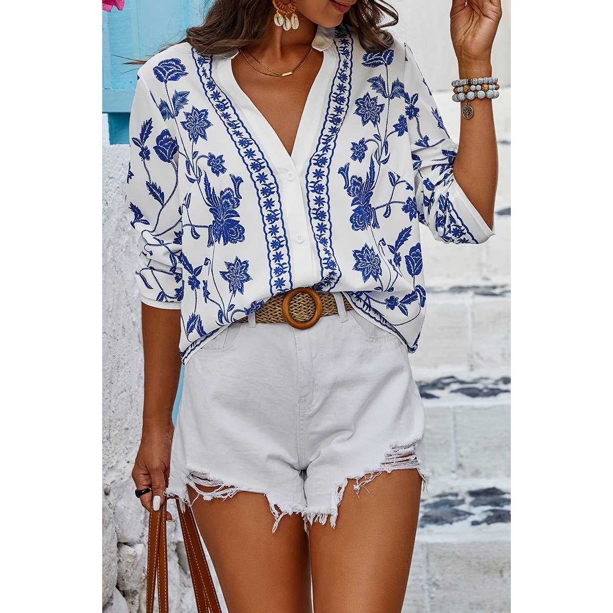Floral Print Notched Collar V Neck Shirt