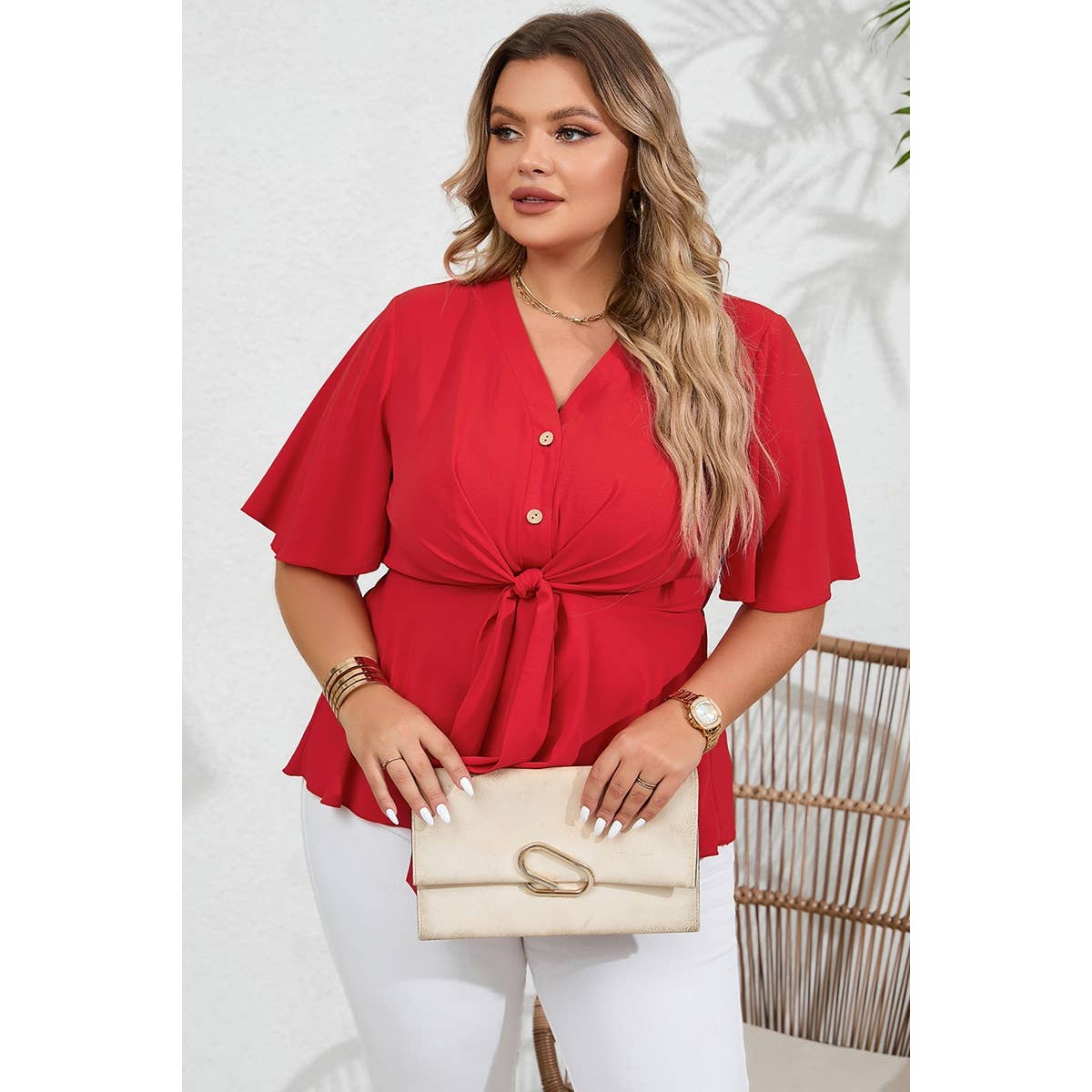 Plus Solid Butterfly Sleeve Knot Front Peplum Shirt
