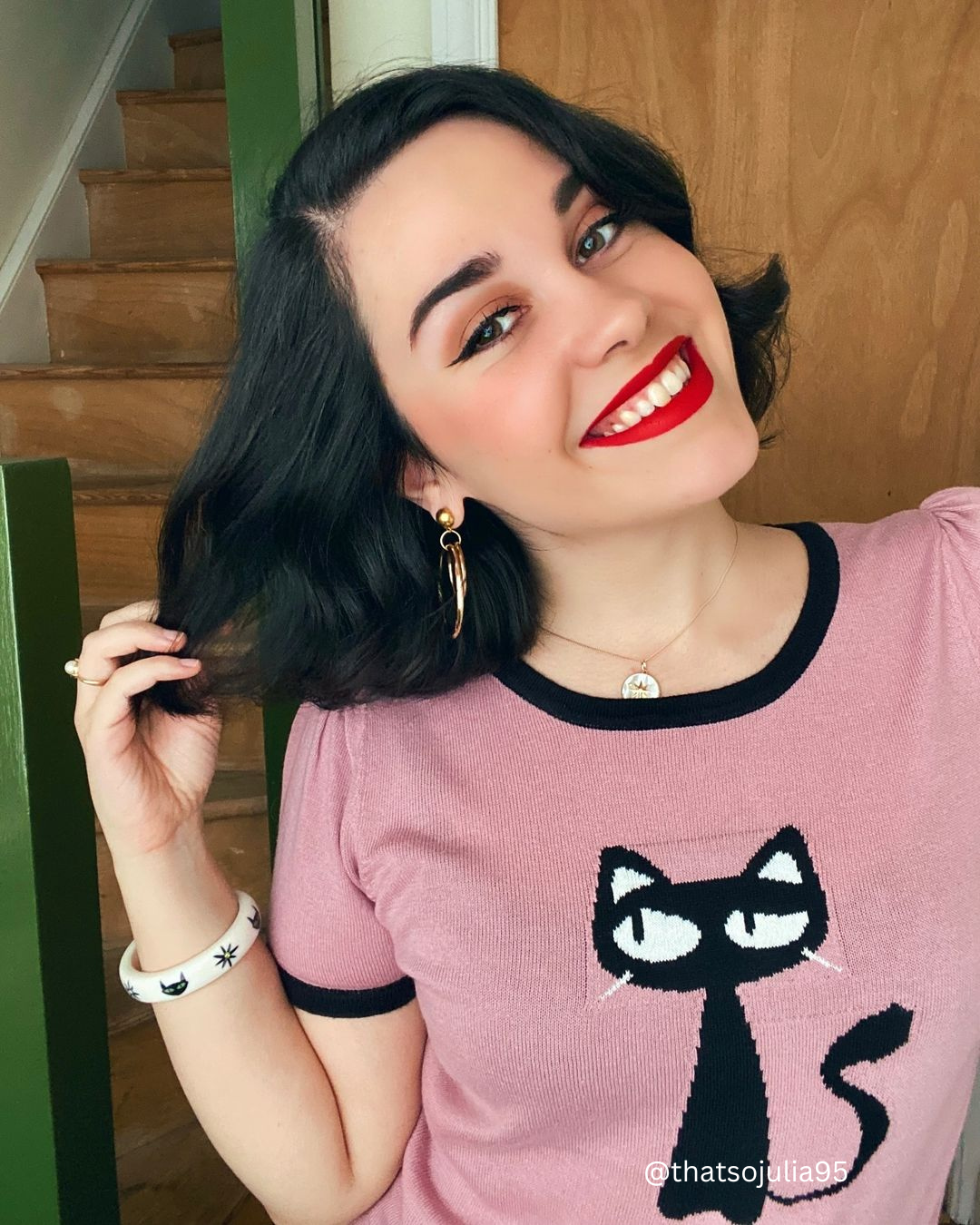 Short Sleeve Crewneck Cat Print Sweater