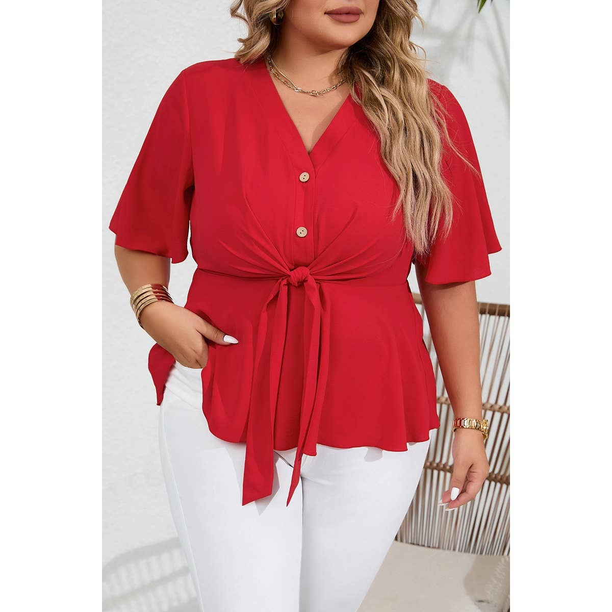 Plus Solid Butterfly Sleeve Knot Front Peplum Shirt