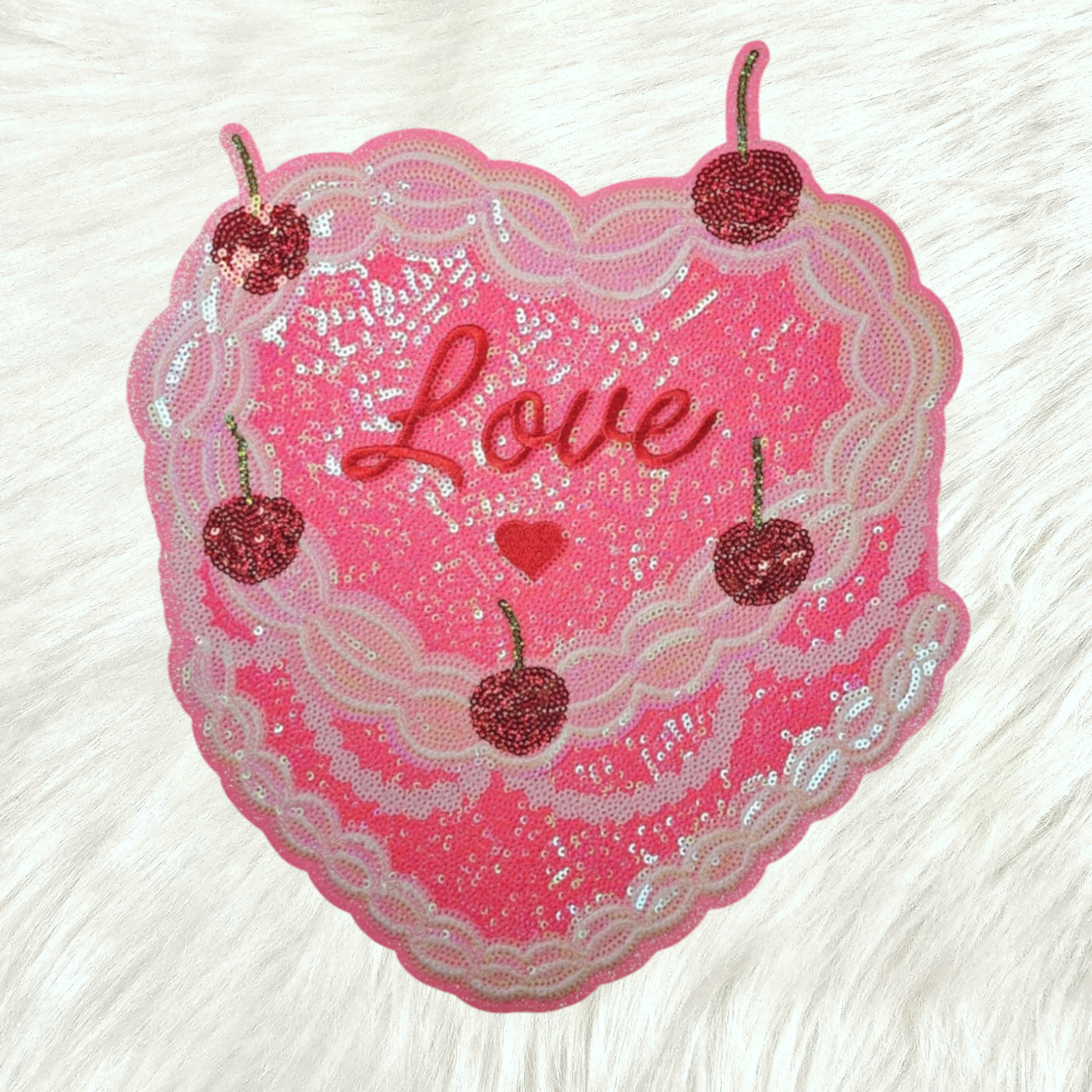 Love Cake Sequin Cherry Pink Glitter Large Iron On Patch