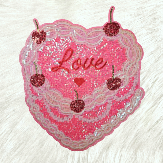 Love Cake Sequin Cherry Pink Glitter Large Iron On Patch