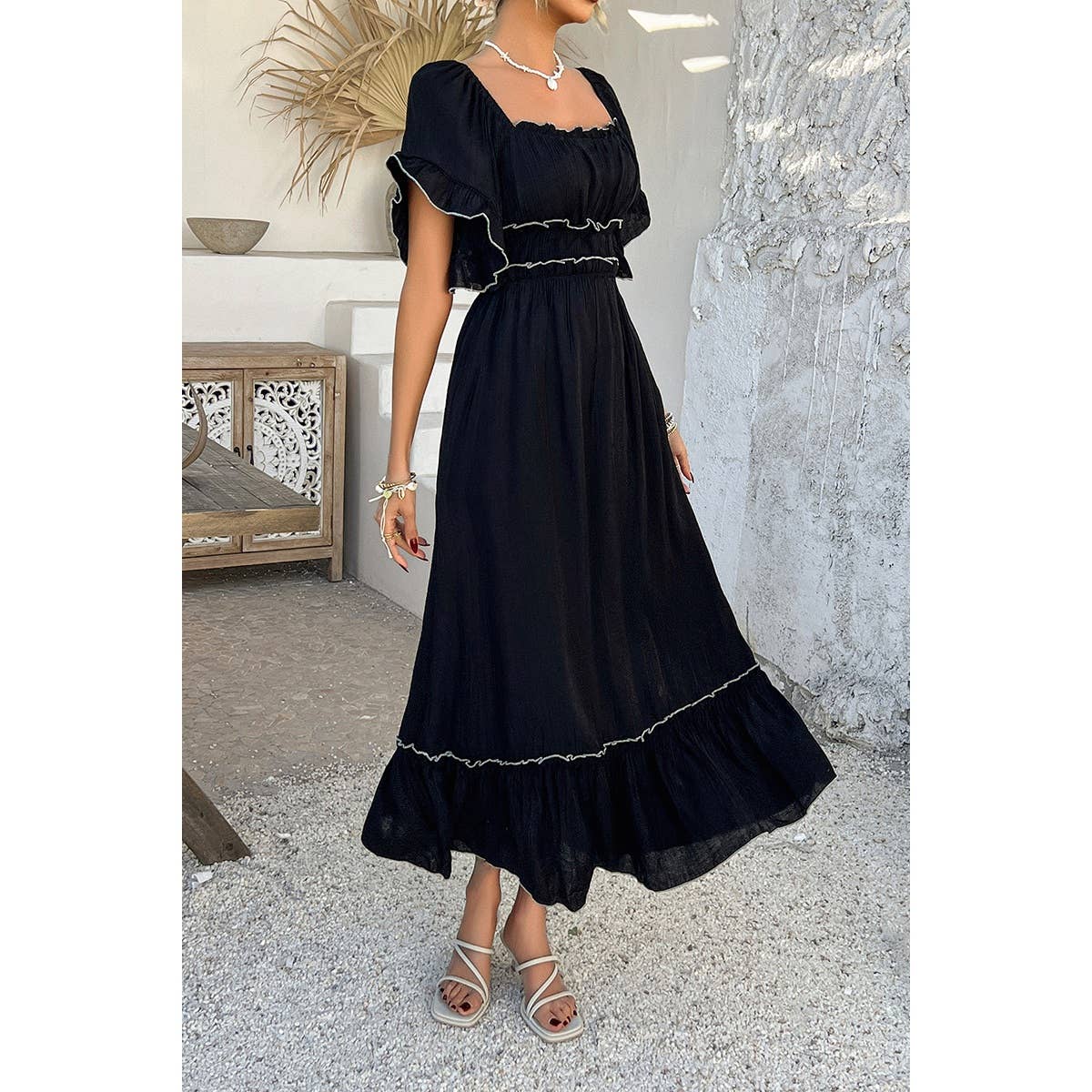 Off Shoulder Bodycon Backless Ruffle Trim Dress