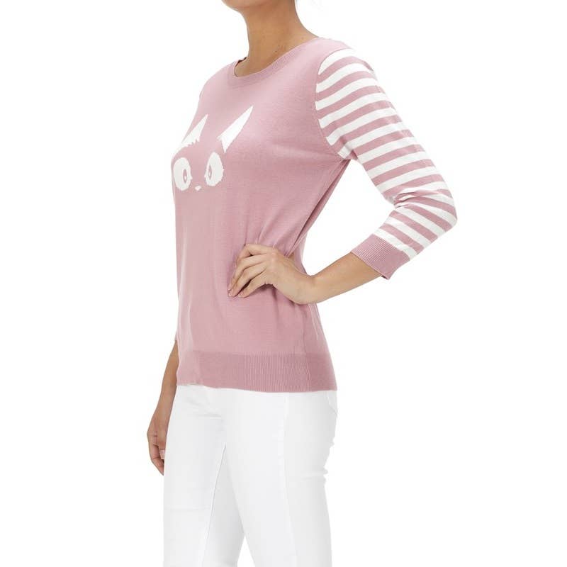 3/4 Sleeve Cat Crewneck Pullover Sweater