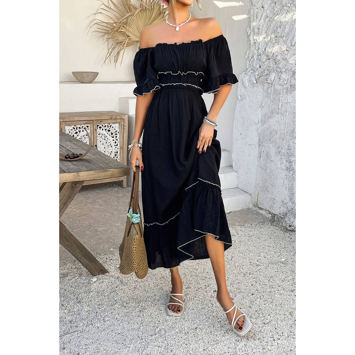 Off Shoulder Bodycon Backless Ruffle Trim Dress