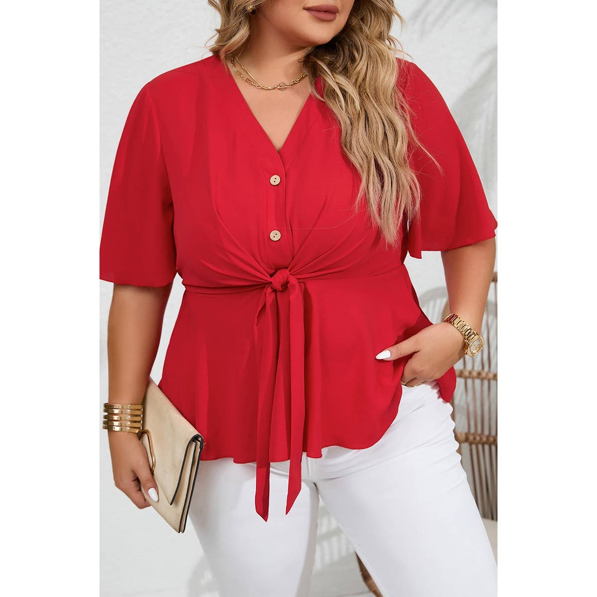 Plus Solid Butterfly Sleeve Knot Front Peplum Shirt