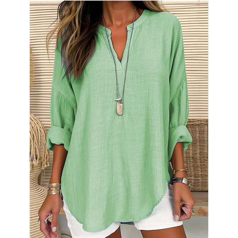 Linen Long Sleeve Casual V Neck Blouse
