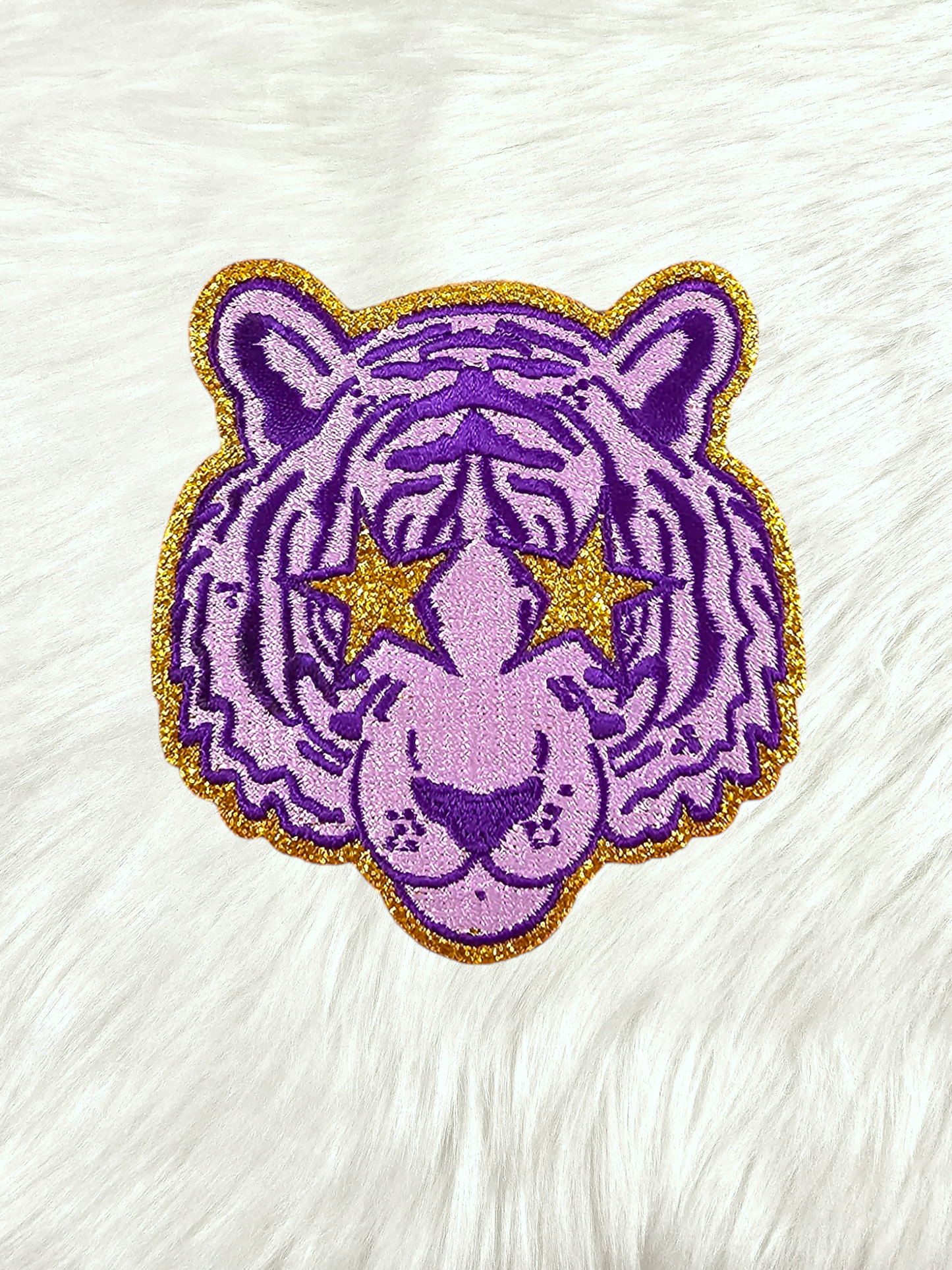 Small Purple Tiger Gold Glitter Mascot with Star Eyes Embroidery Iron On Patch