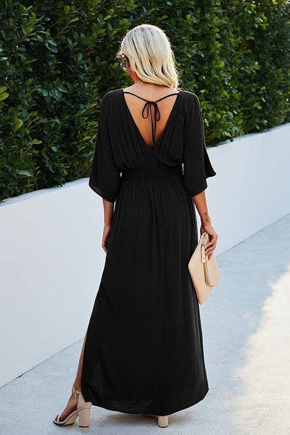 Solid V Neck Dolman Sleeves Maxi Split Dress