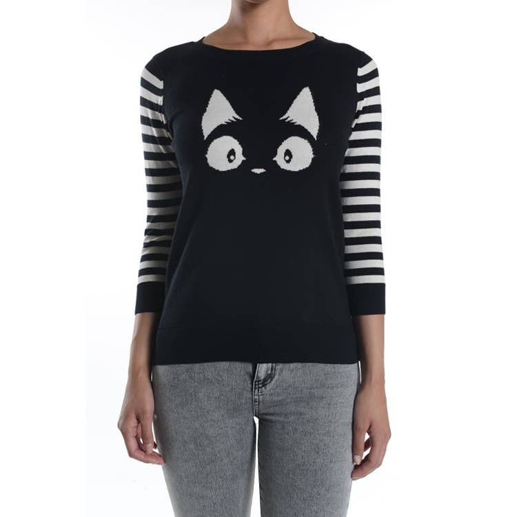 3/4 Sleeve Cat Crewneck Pullover Sweater