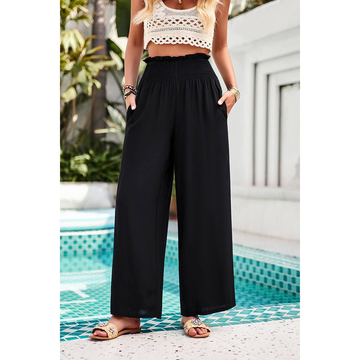 Pockets Elastic Waist Band Smocked Wide Leg Pant