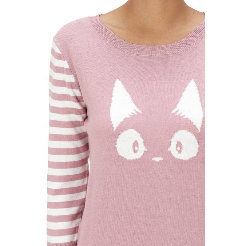 3/4 Sleeve Cat Crewneck Pullover Sweater