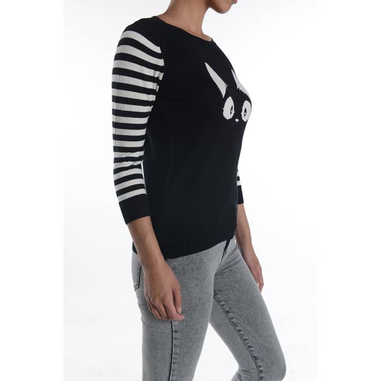 3/4 Sleeve Cat Crewneck Pullover Sweater