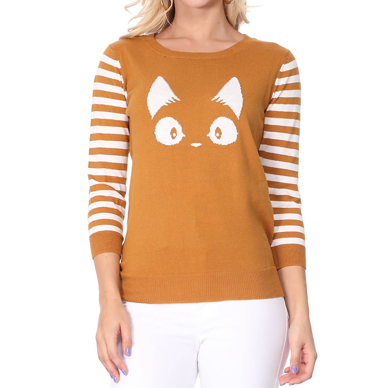 3/4 Sleeve Cat Crewneck Pullover Sweater