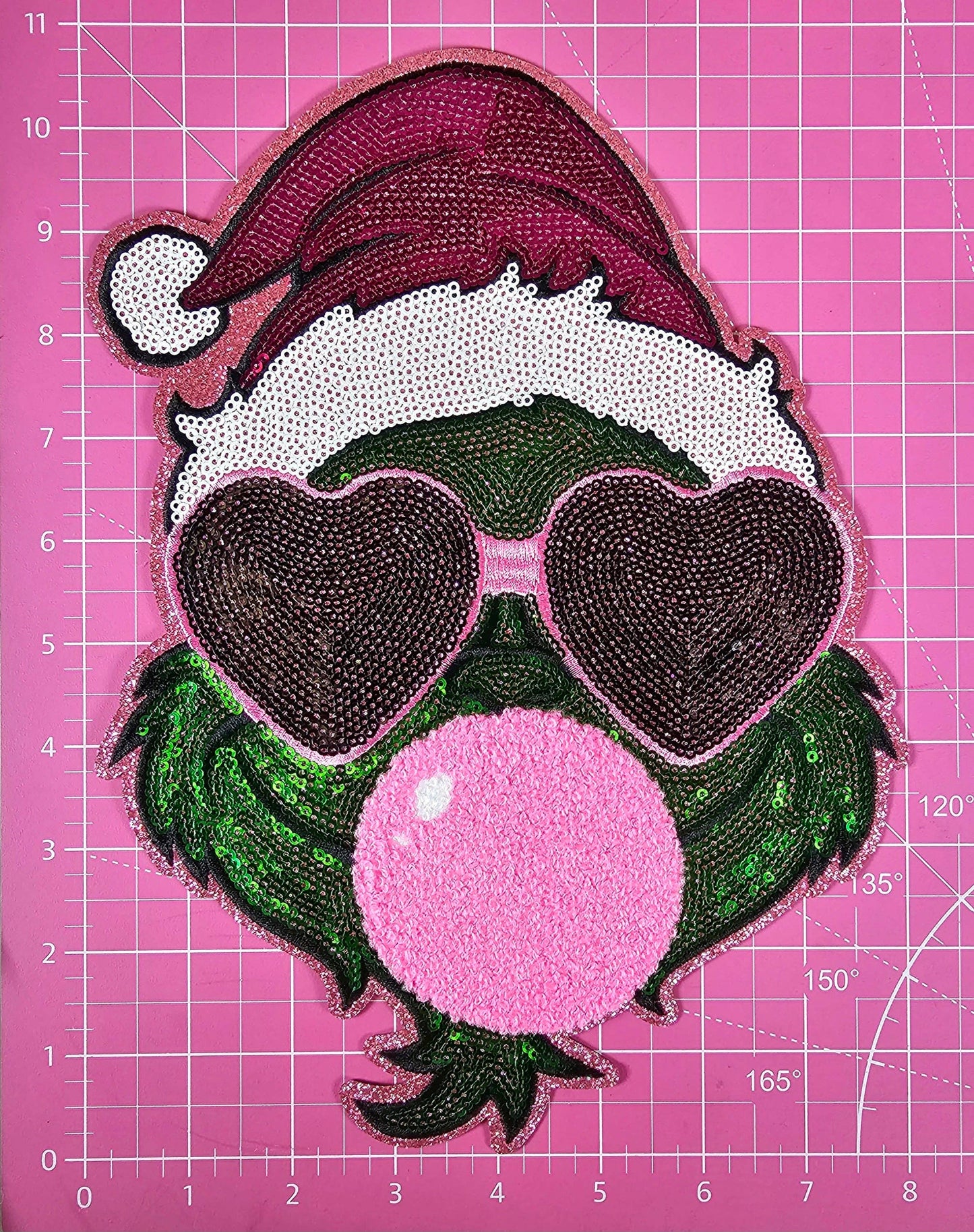 Grinch Pink Glasses Large Sequin Glitter Iron-on Patch