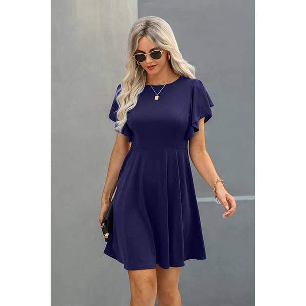 Elegant Solid Crew Neck Butterfly Sleeve A Line Slim Dress