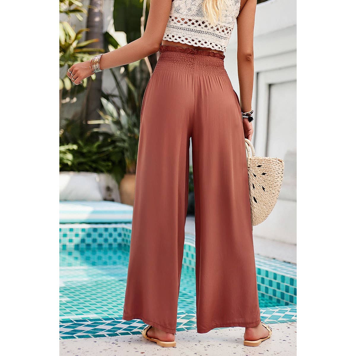 Pockets Elastic Waist Band Smocked Wide Leg Pant