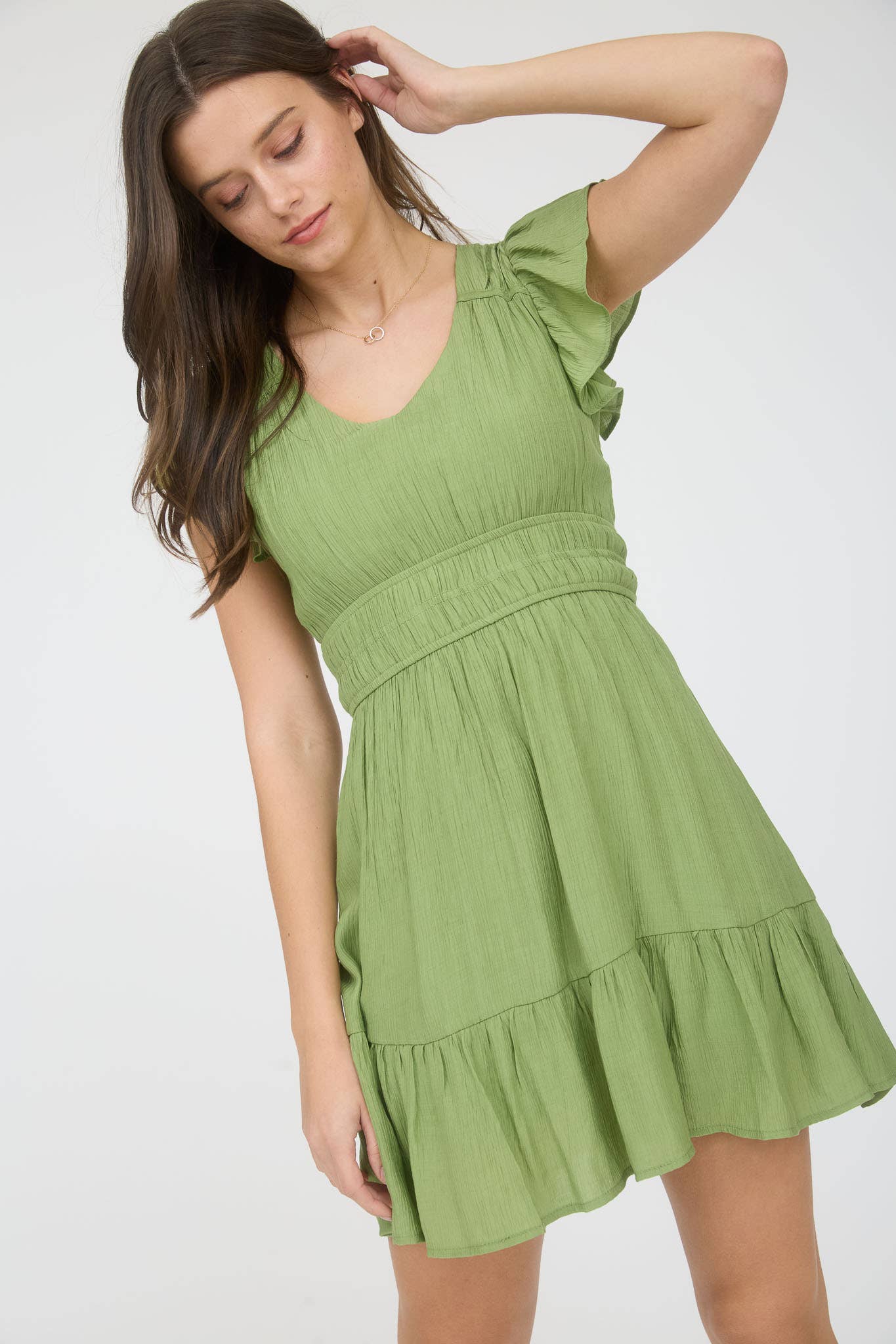 V Neck Short Sleeve Ruffle Mini Dress