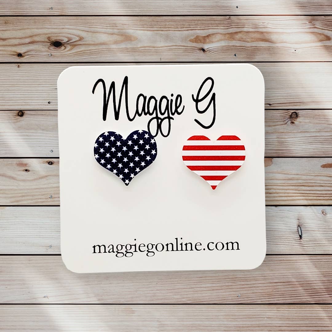 Patriotic Flag Heart  Stud Earrings  Stars and Stripes