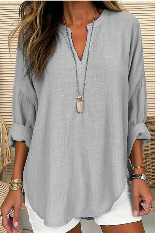Linen Long Sleeve Casual V Neck Blouse