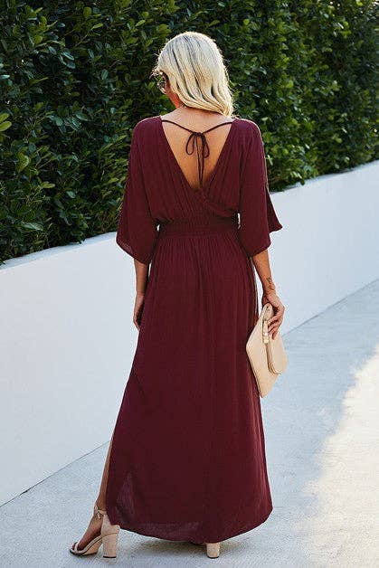 Solid V Neck Dolman Sleeves Maxi Split Dress