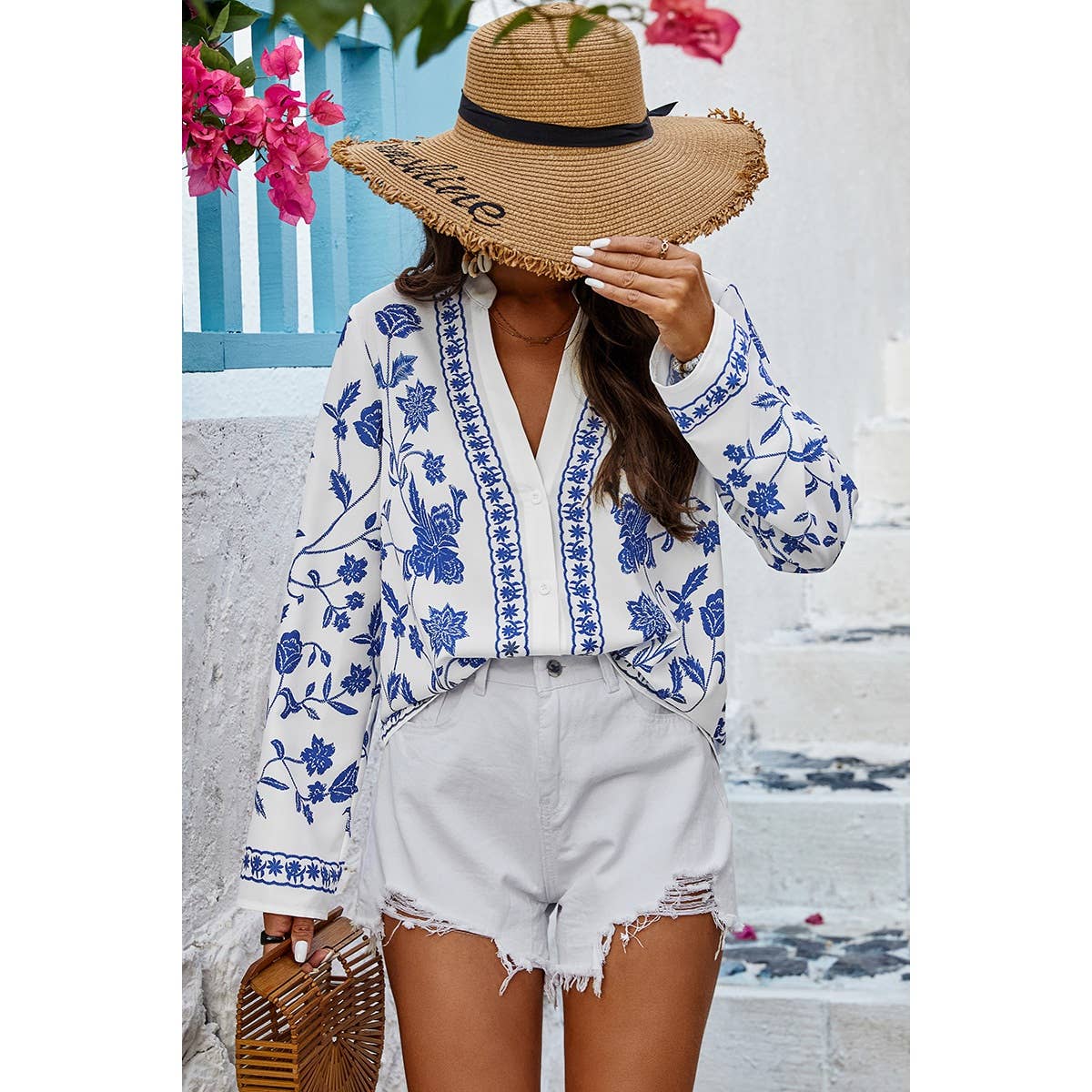 Floral Print Notched Collar V Neck Shirt