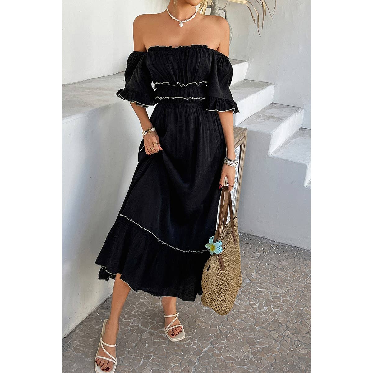 Off Shoulder Bodycon Backless Ruffle Trim Dress