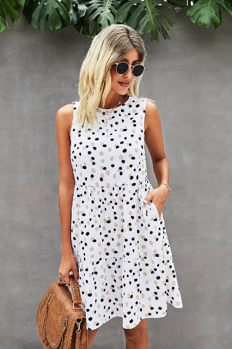 Crewneck Polka Dot A Line Midi Dress