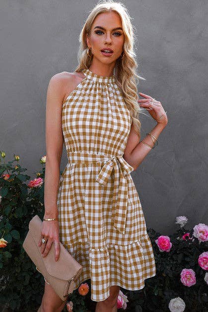Plaid Key Hole Back Halter Sleeveless Dress