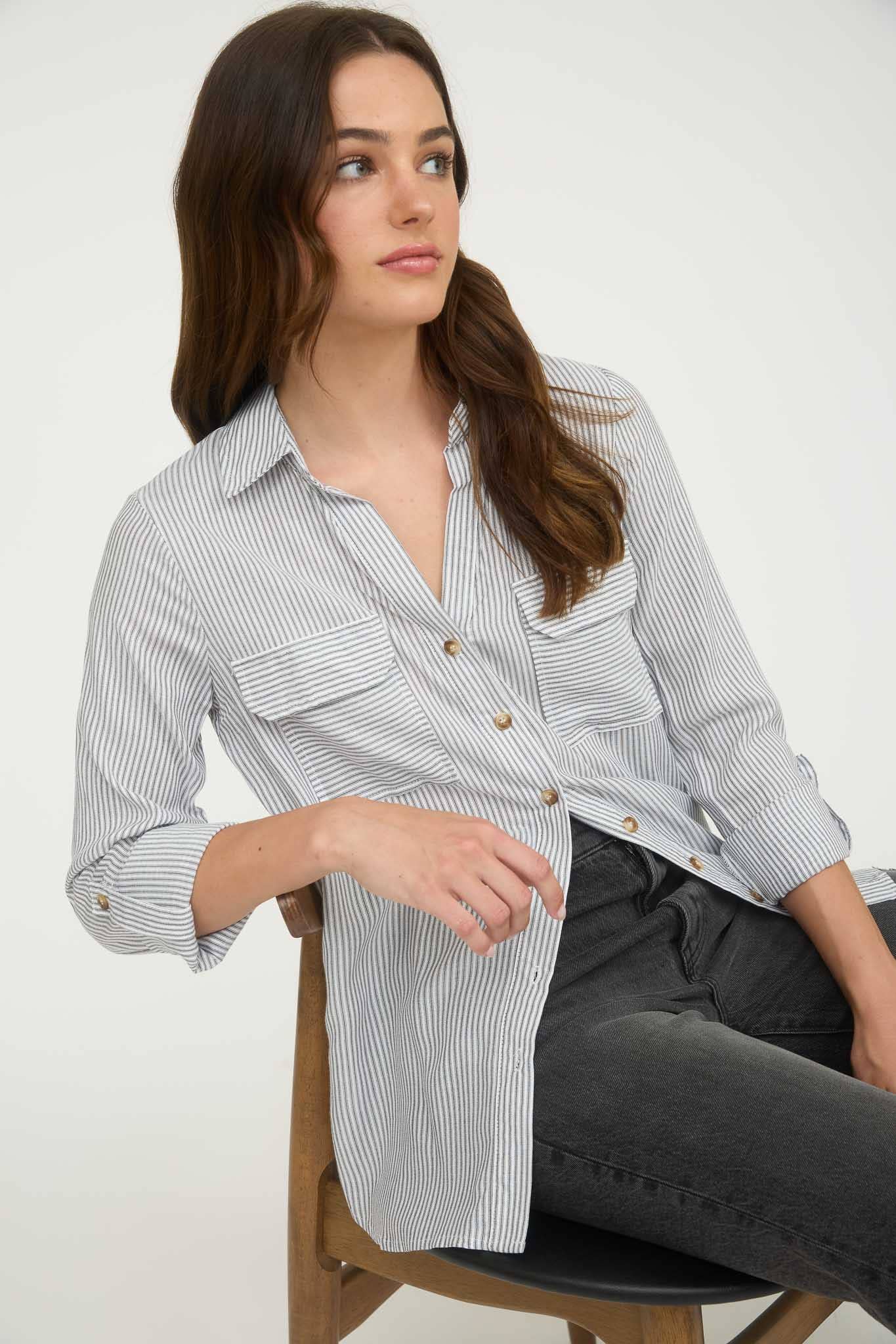 Striped Collared Button Down Blouse