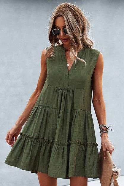Solid V Neck Flat Collar Tiered Shift Dress